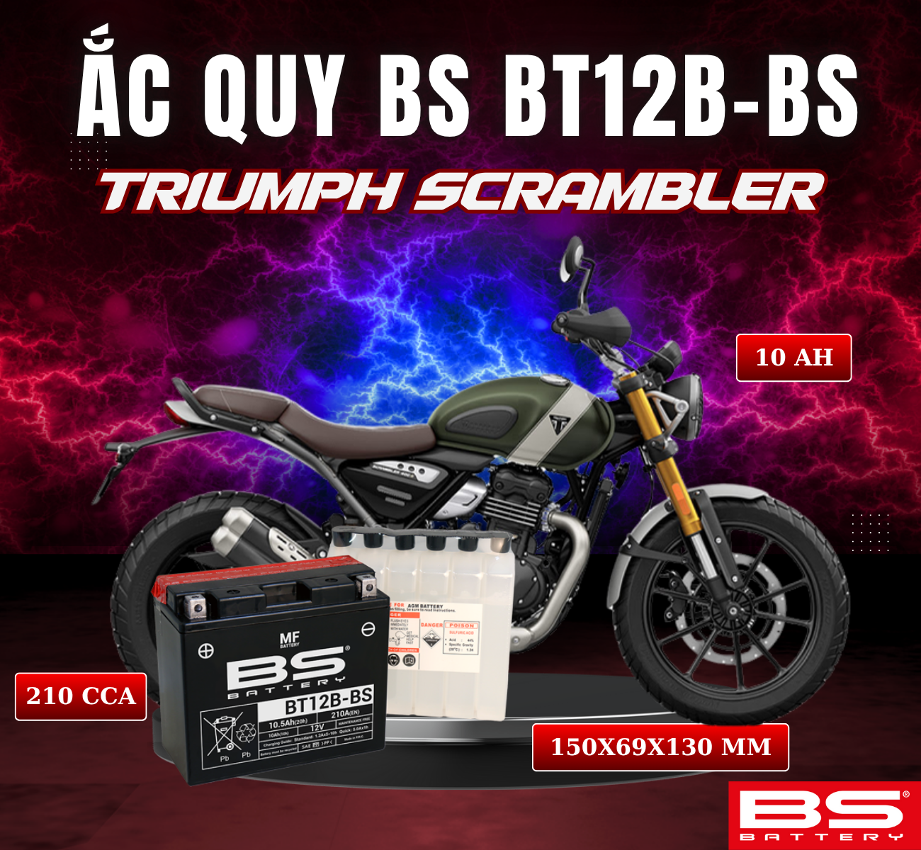 BÌNH ẮC QUY BS BT12B-BS 210CCA TRIUMPH SCRAMBLER 08-10 (150x69x130 mm)