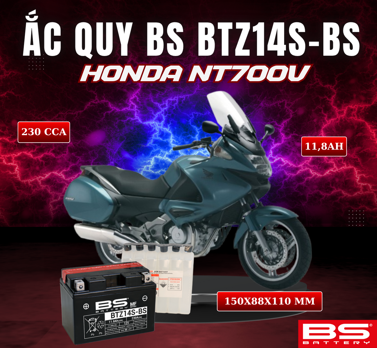 BÌNH ẮC QUY BS BTZ14S-BS 230CCA HONDA NT700V (150x88x110 mm)
