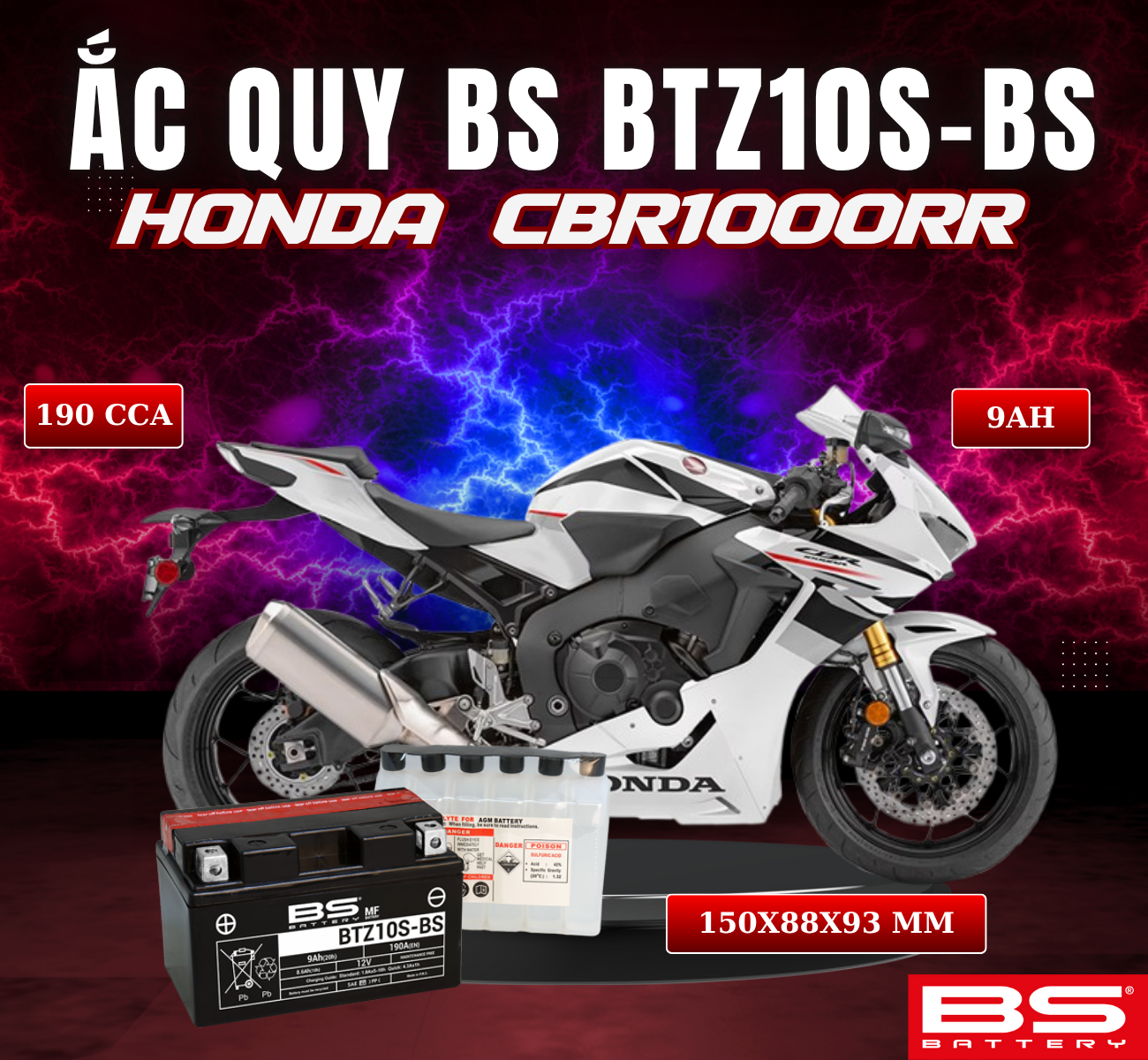 BÌNH ẮC QUY BS BATTERY BTZ10S-BS 190CCA HONDA CBR1000RR (150 x 88 x 93 mm)