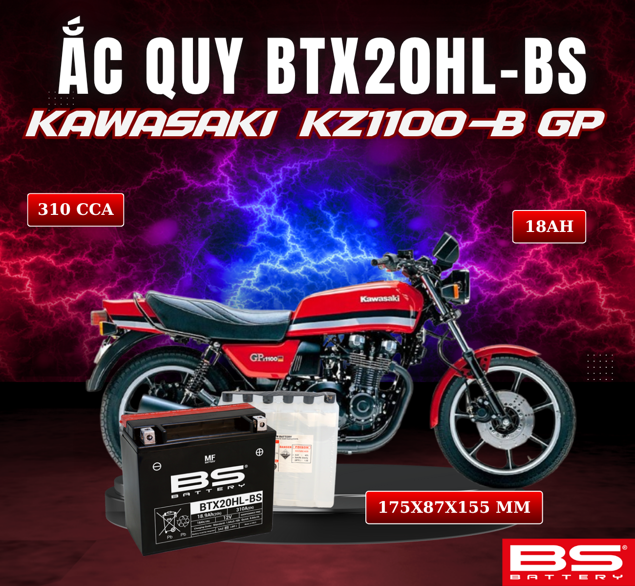 BÌNH ẮC QUY BS BTX20HL-BS 310CCA KAWASAKI KZ1100-B GP (175x87x155 mm)