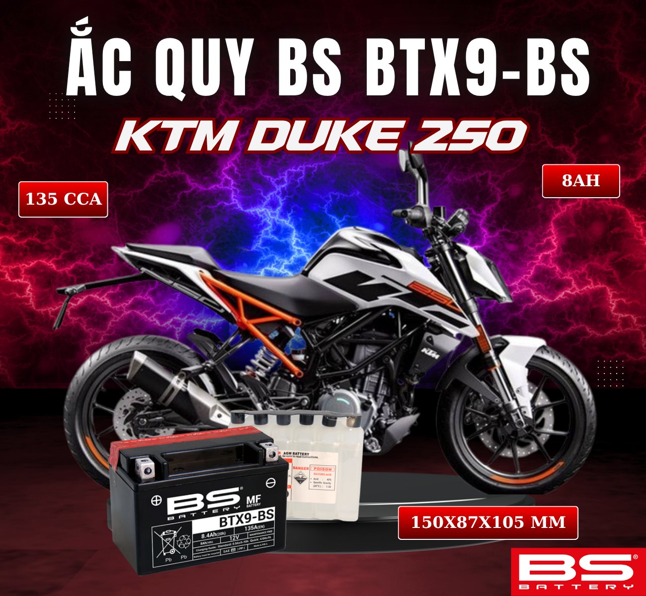 BÌNH ẮC QUY BS BATTERY BTX9-BS 135CCA KTM DUKE 250 (150 x 87 x 105 mm)