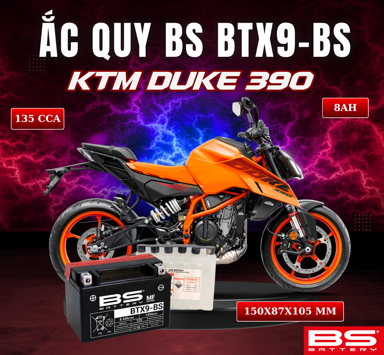 BÌNH ẮC QUY BS BATTERY BTX9-BS 135CCA KTM DUKE 390 (150 x 87 x 105 mm)
