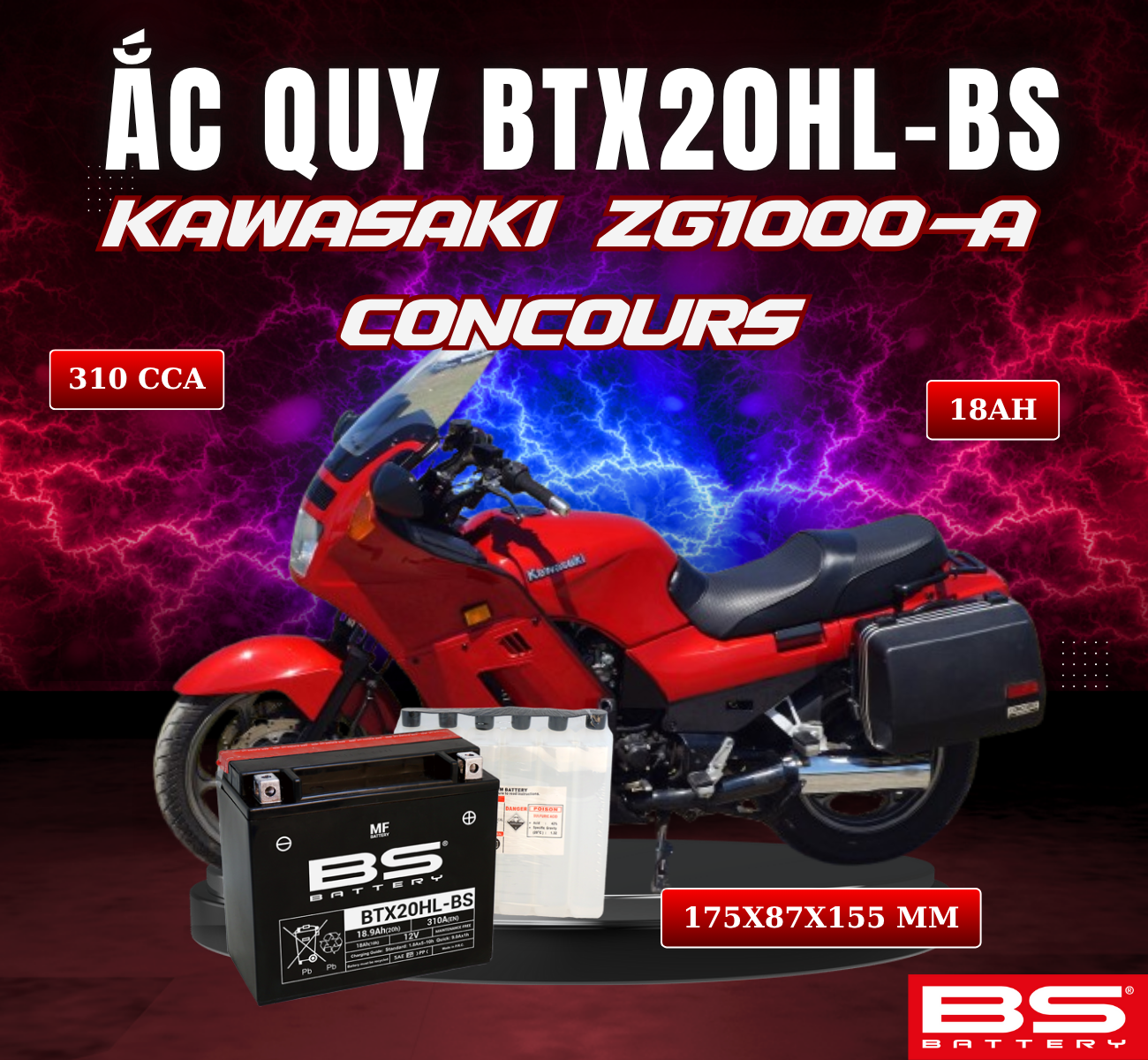 BÌNH ẮC QUY BS BTX20HL-BS 310CCA KAWASAKI ZG1000-A CONCOURS (175x87x155 mm)