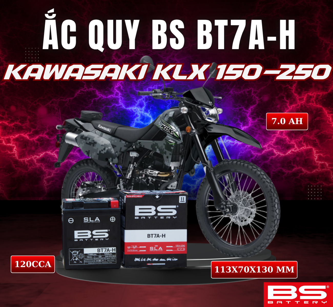 BÌNH ẮC QUY BS BT7A-H 120CCA KAWASAKI KLX 150-250 (113x70x130 mm)