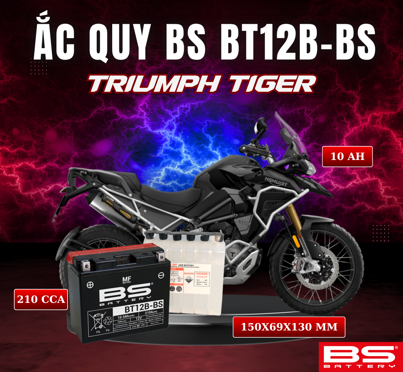 BÌNH ẮC QUY BS BT12B-BS 210CCA TRIUMPH TIGER (150x69x130 mm)