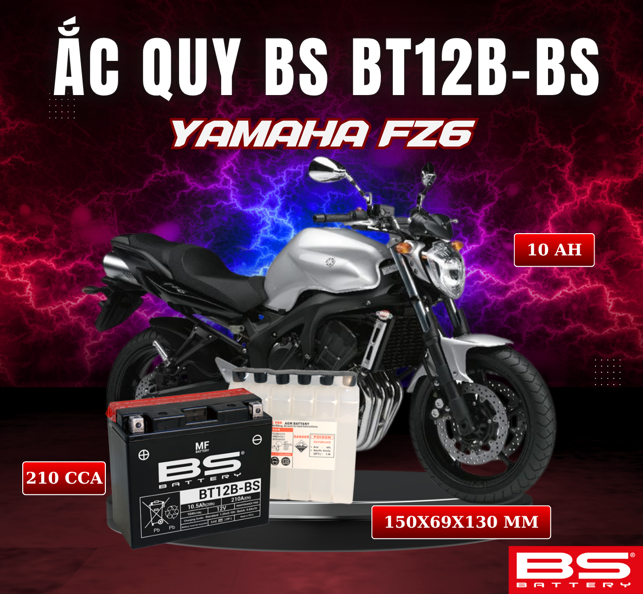 BÌNH ẮC QUY BS BT12B-BS 210CCA YAMAHA FZ6 (150x69x130 mm)