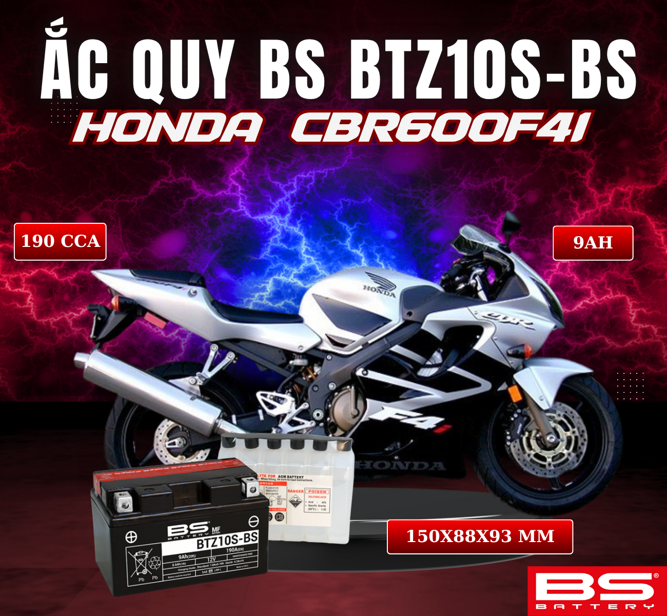 BÌNH ẮC QUY BS BATTERY BTZ10S-BS 190CCA HONDA CBR600F4I (150 x 88 x 93 mm)