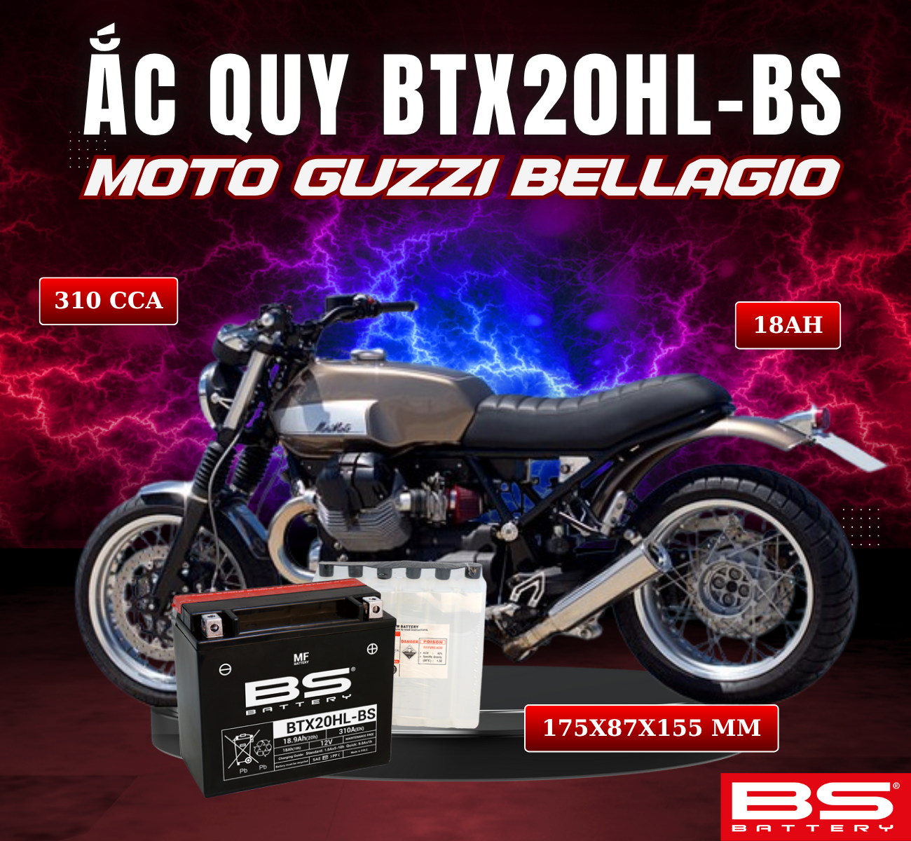 BÌNH ẮC QUY BS BTX20HL-BS 310CCA MOTO GUZZI BELLAGIO (175x87x155 mm)
