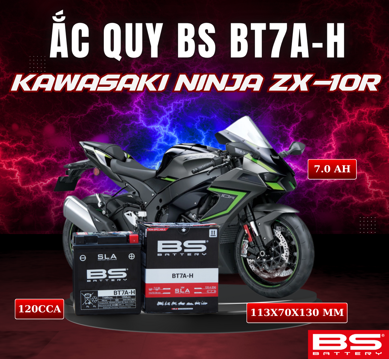 BÌNH ẮC QUY BS BT7A-H 120CCA KAWASAKI NINJA ZX-10R (113x70x130 mm)