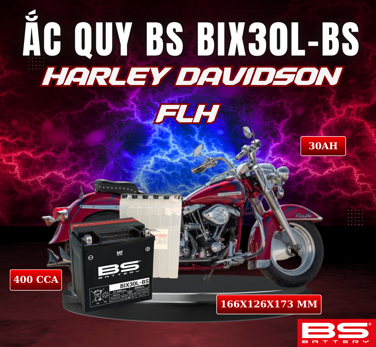 BÌNH ẮC QUY BS BIX30L-BS 400CCA HARLEY DAVIDSON FLH SERIES (TOURING) (166x126x173 mm)