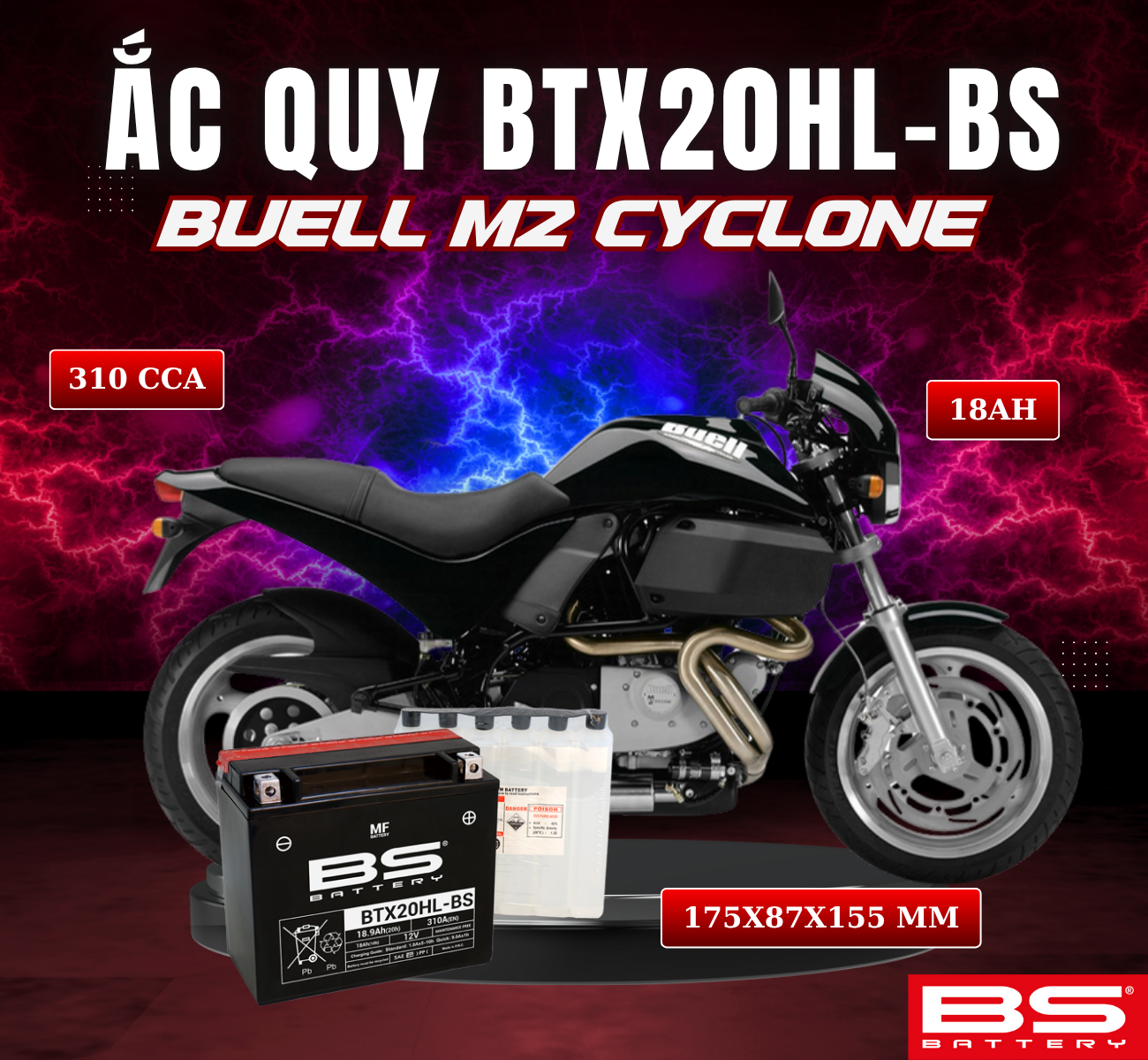 BÌNH ẮC QUY BS BTX20HL-BS 310CCA BUELL M2 CYCLONE (175x87x155 mm)
