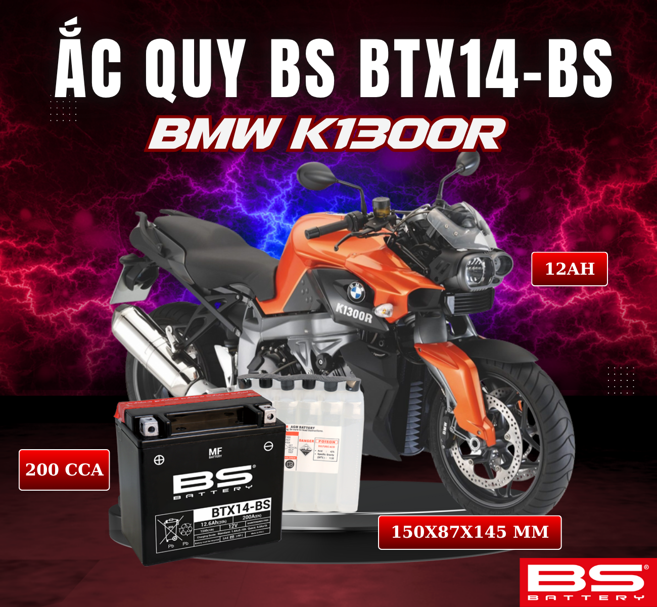 BÌNH ẮC QUY BS BTX14-BS 200CCA BMW K1300R 09-14 (150x87x145 mm)