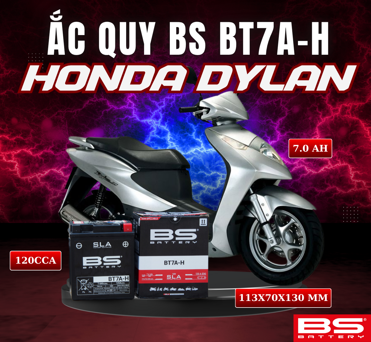 BÌNH ẮC QUY BS BT7A-H 120CCA HONDA DYLAN (113x70x130 mm)