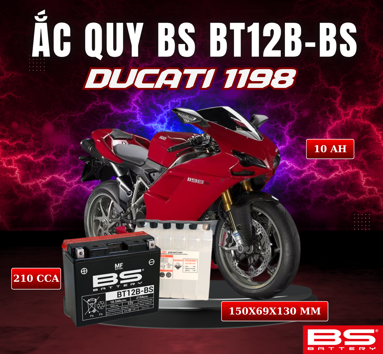 BÌNH ẮC QUY BS BT12B-BS 210CCA DUCATI 1198 (150x69x130 mm)