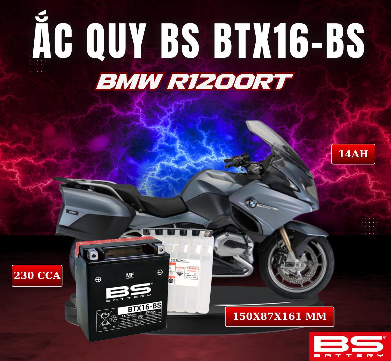 BÌNH ẮC QUY BS BTX16-BS 230CCA BMW R1200RT (150x 87x 161mm)
