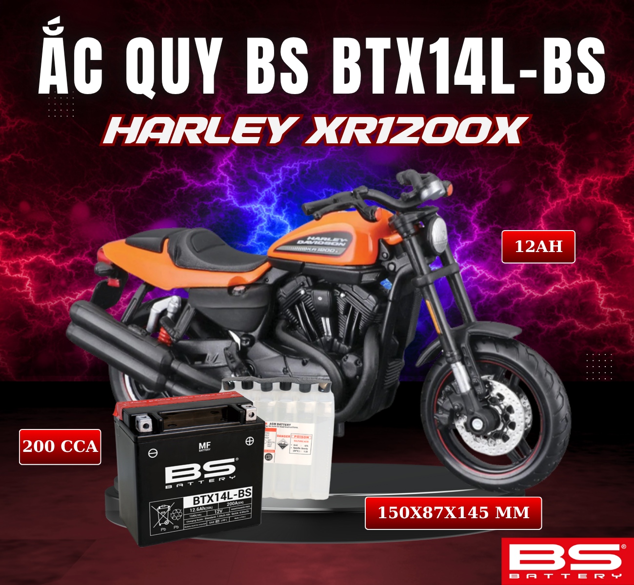 BÌNH ẮC QUY BS BTX14L-BS 200CCA HARLEY DAVIDSON XR1200X 09-12 (150x87x145 mm)