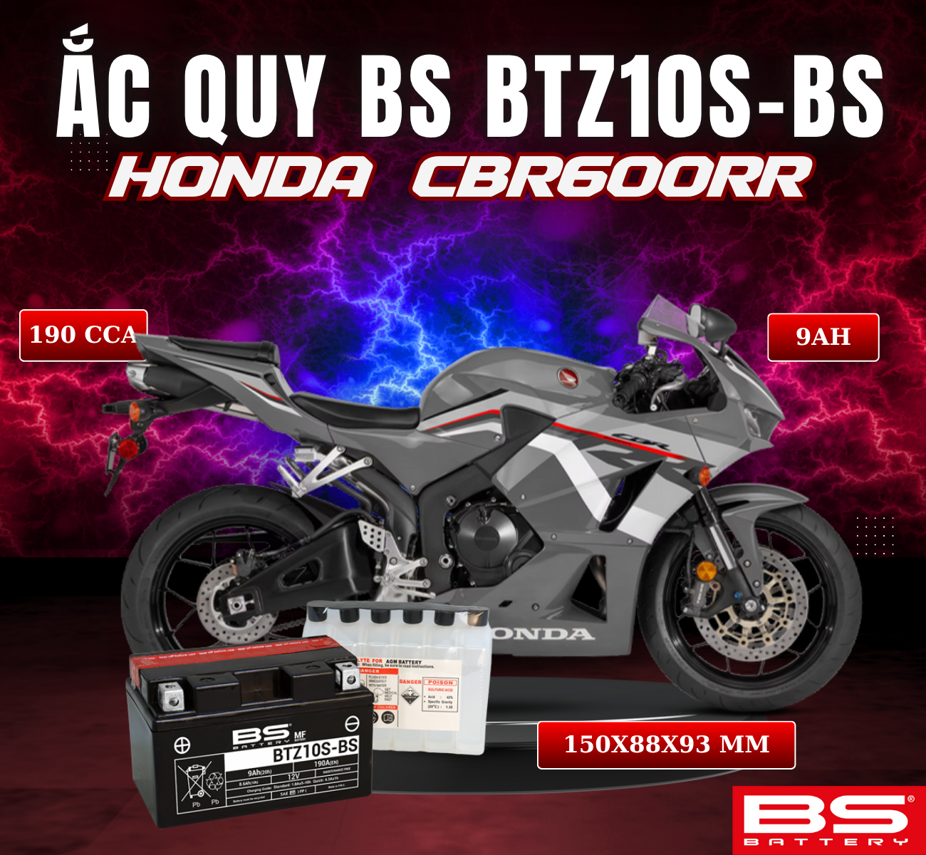 BÌNH ẮC QUY BS BATTERY BTZ10S-BS 190CCA HONDA CBR600RR(150 x 88 x 93 mm)
