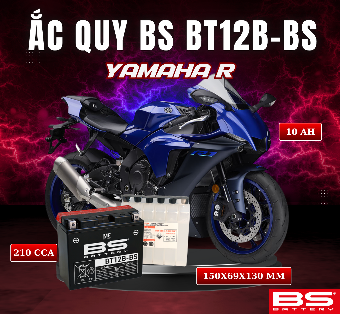 BÌNH ẮC QUY BS BT12B-BS 210CCA YAMAHA R (150x69x130 mm)