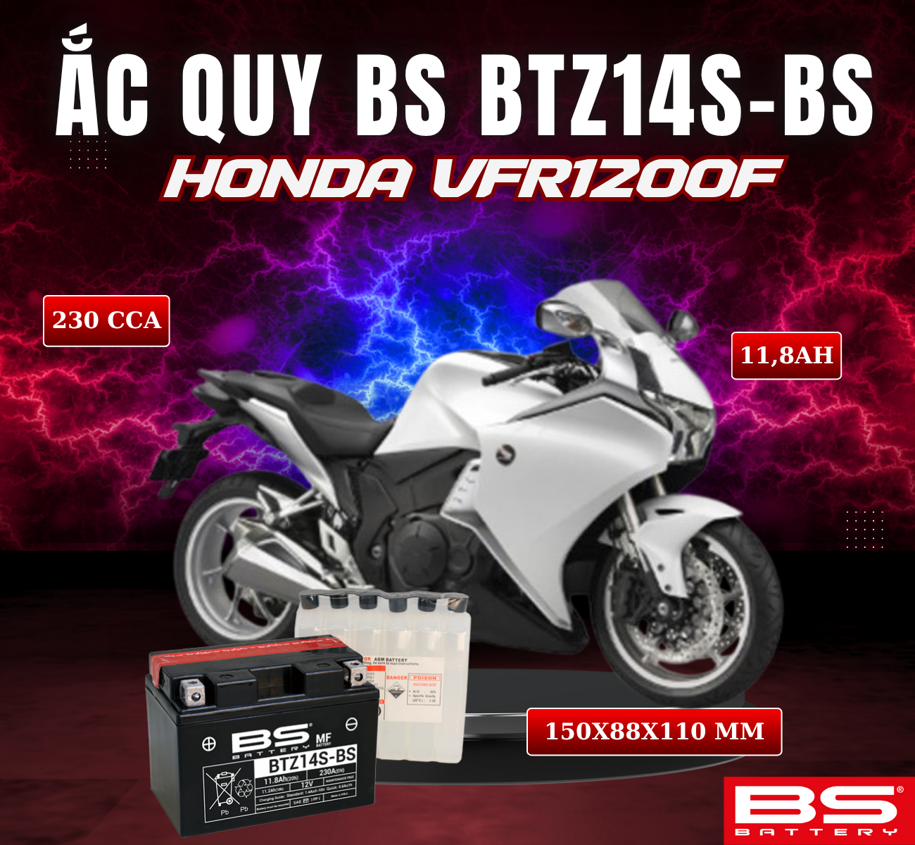 BÌNH ẮC QUY BS BTZ14S-BS 230CCA HONDA VFR1200F (150x88x110 mm)