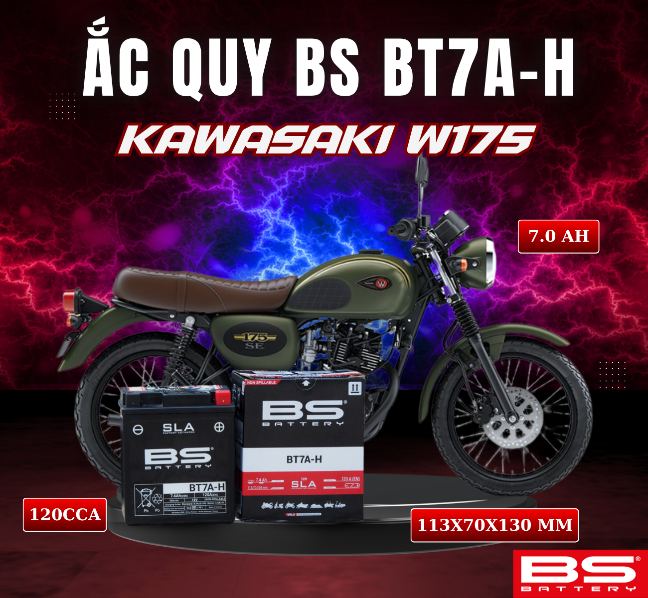 BÌNH ẮC QUY BS BT7A-H 120CCA KAWASAKI W175 (113x70x130 mm)