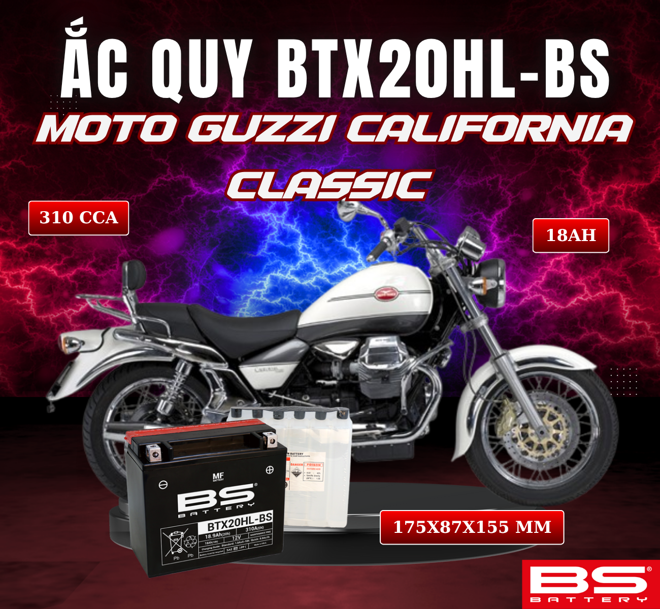 BÌNH ẮC QUY BS BTX20HL-BS 310CCA MOTO GUZZI CALIFORNIA CLASSIC (175x87x155 mm)