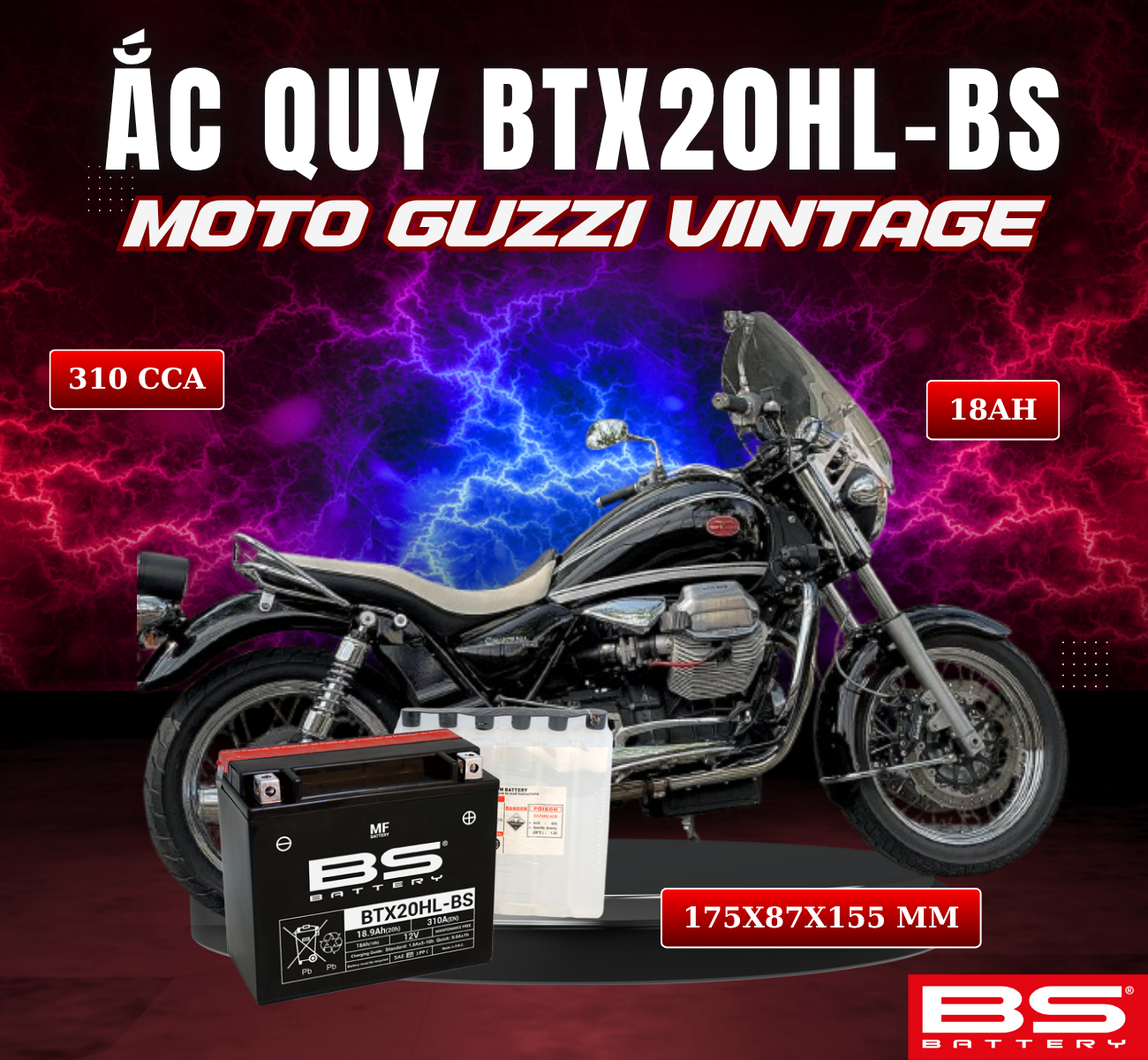 BÌNH ẮC QUY BS BTX20HL-BS 310CCA MOTO GUZZI VINTAGE (175x87x155 mm)