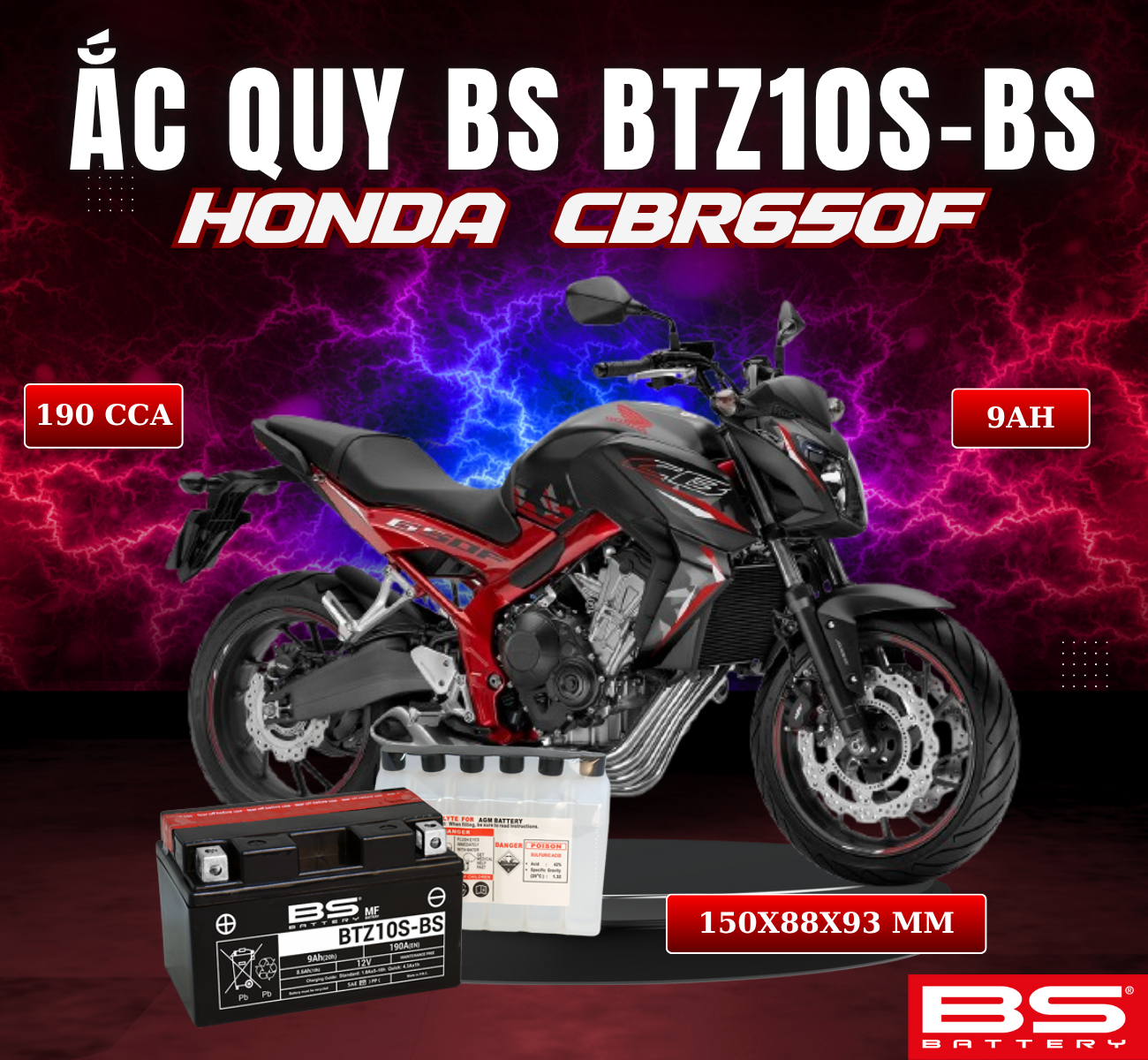 BÌNH ẮC QUY BS BATTERY BTZ10S-BS 190CCA HONDA CBR650F (150 x 88 x 93 mm)