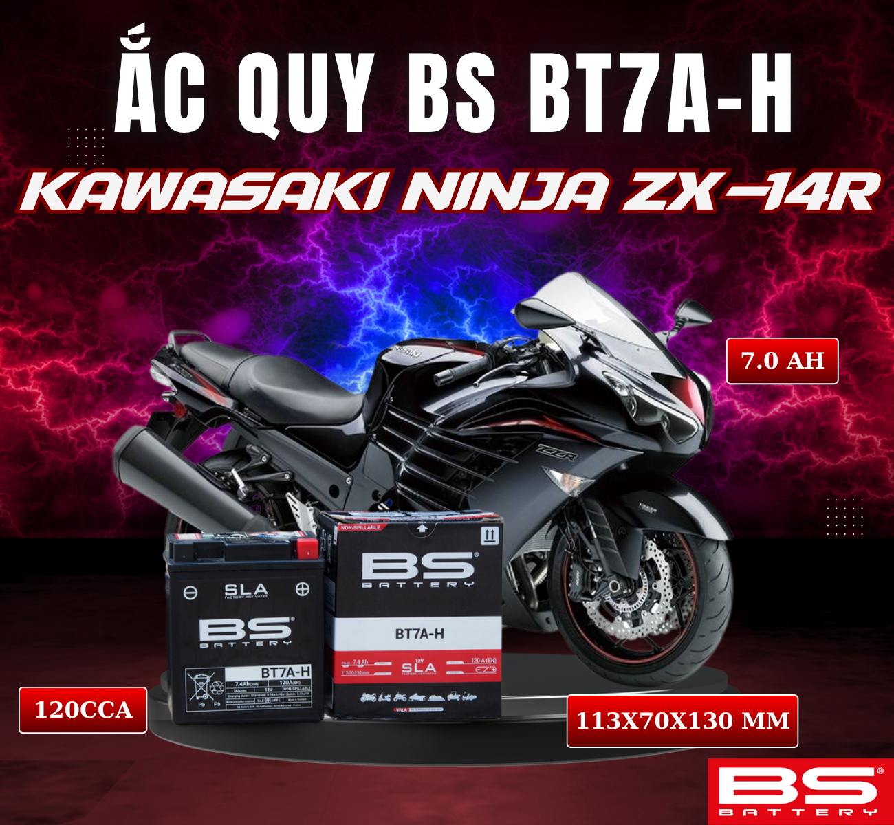 BÌNH ẮC QUY BS BT7A-H 120CCA KAWASAKI  ZX-14R (113x70x130 mm)