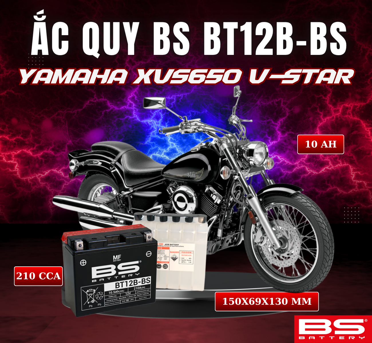 BÌNH ẮC QUY BS BT12B-BS 210CCA YAMAHA XVS650 V-STAR (150x69x130 mm)