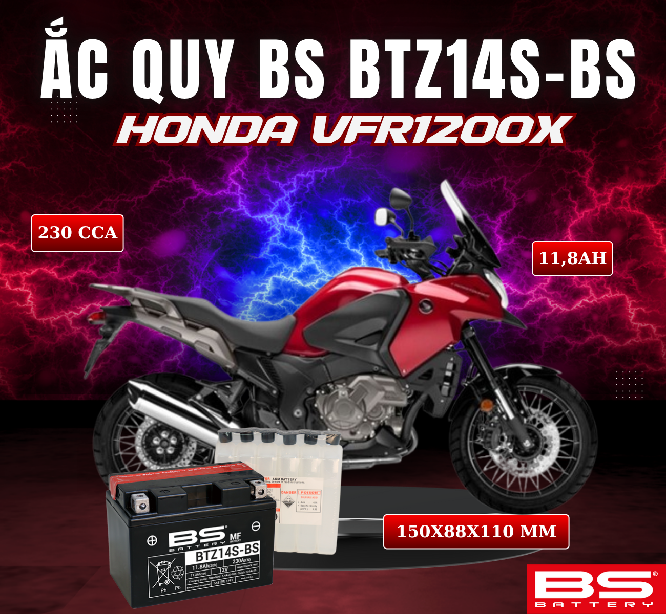 BÌNH ẮC QUY BS BTZ14S-BS 230CCA VFR1200X (150x88x110 mm)