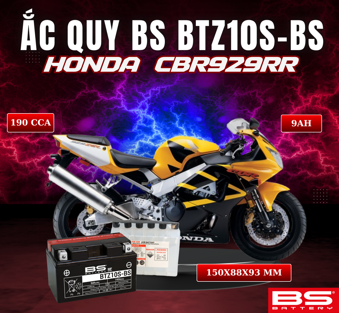 BÌNH ẮC QUY BS BATTERY BTZ10S-BS 190CCA HONDA CBR929RR (150 x 88 x 93 mm)