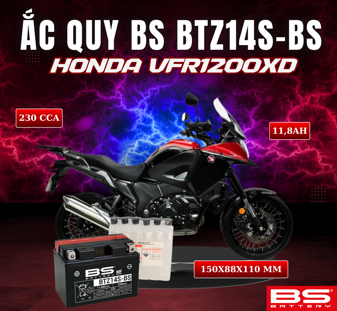 BÌNH ẮC QUY BS BTZ14S-BS 230CCA HONDA VFR1200XD (150x88x110 mm)