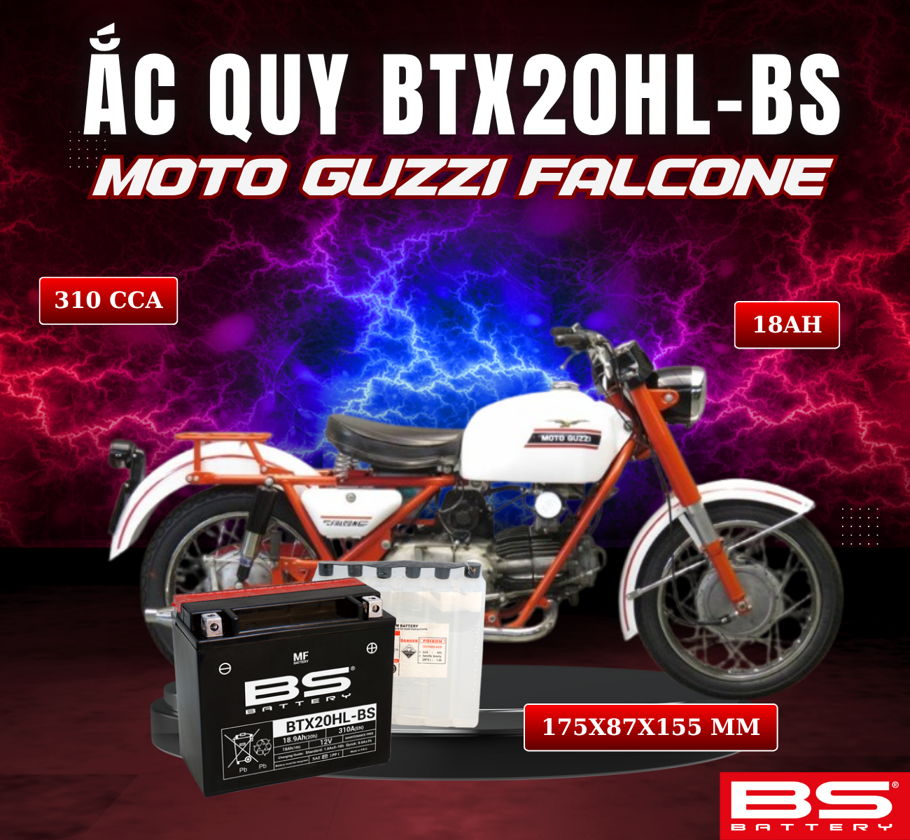 BÌNH ẮC QUY BS BTX20HL-BS 310CCA MOTO GUZZI FALCONE (175x87x155 mm)