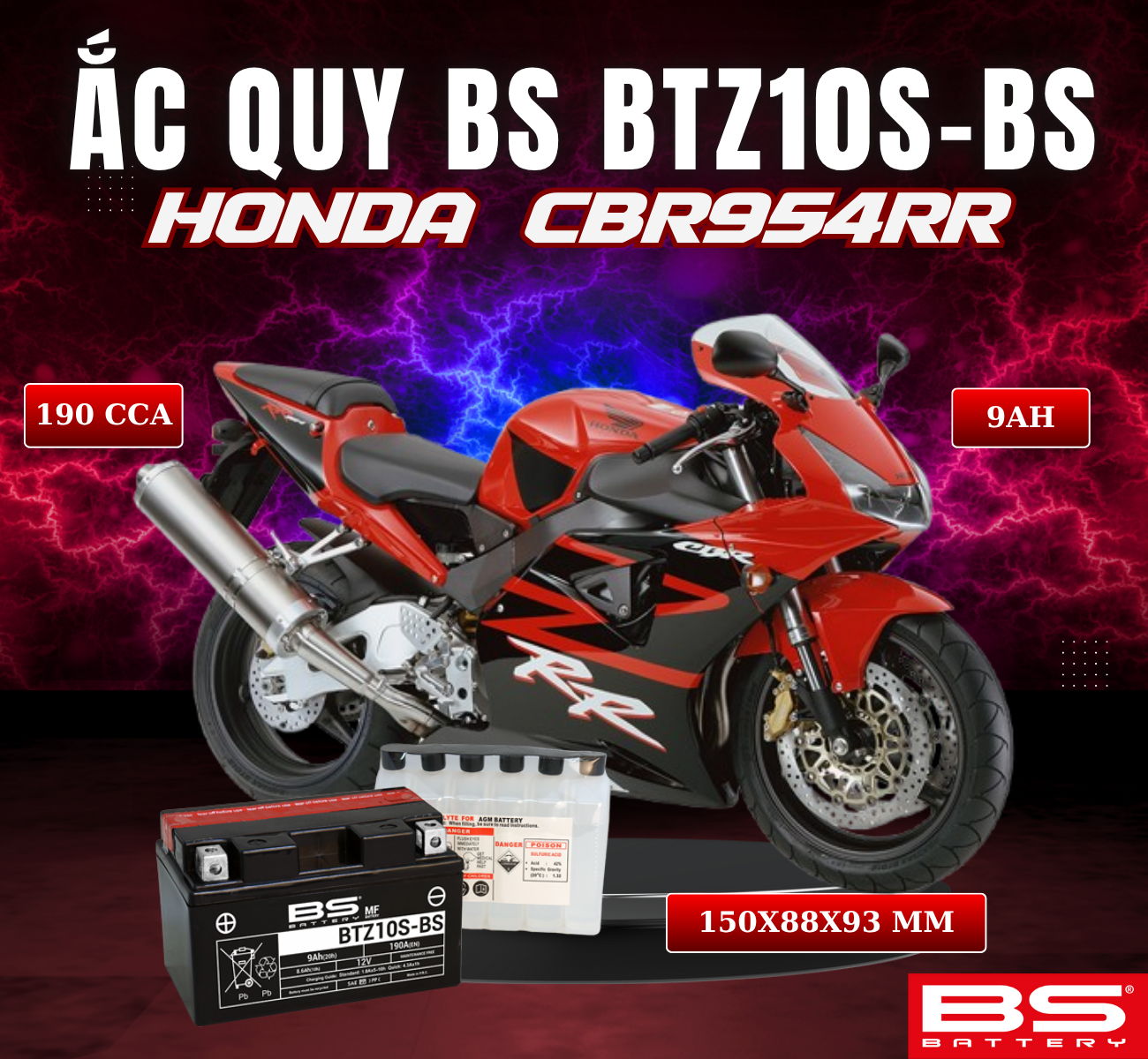 BÌNH ẮC QUY BS BATTERY BTZ10S-BS 190CCA HONDA CBR954RR (150 x 88 x 93 mm)