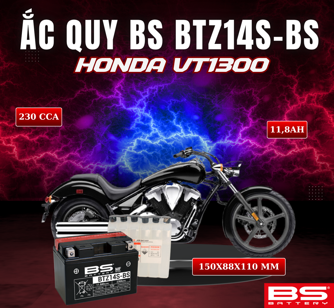 BÌNH ẮC QUY BS BTZ14S-BS 230CCA HONDA VT1300 (150x88x110 mm)