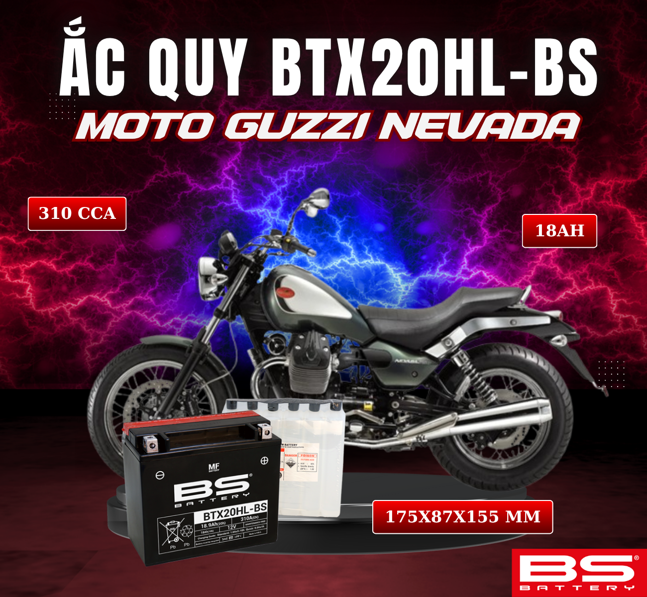 BÌNH ẮC QUY BS BTX20HL-BS 310CCA MOTO GUZZI NEVADA (175x87x155 mm)