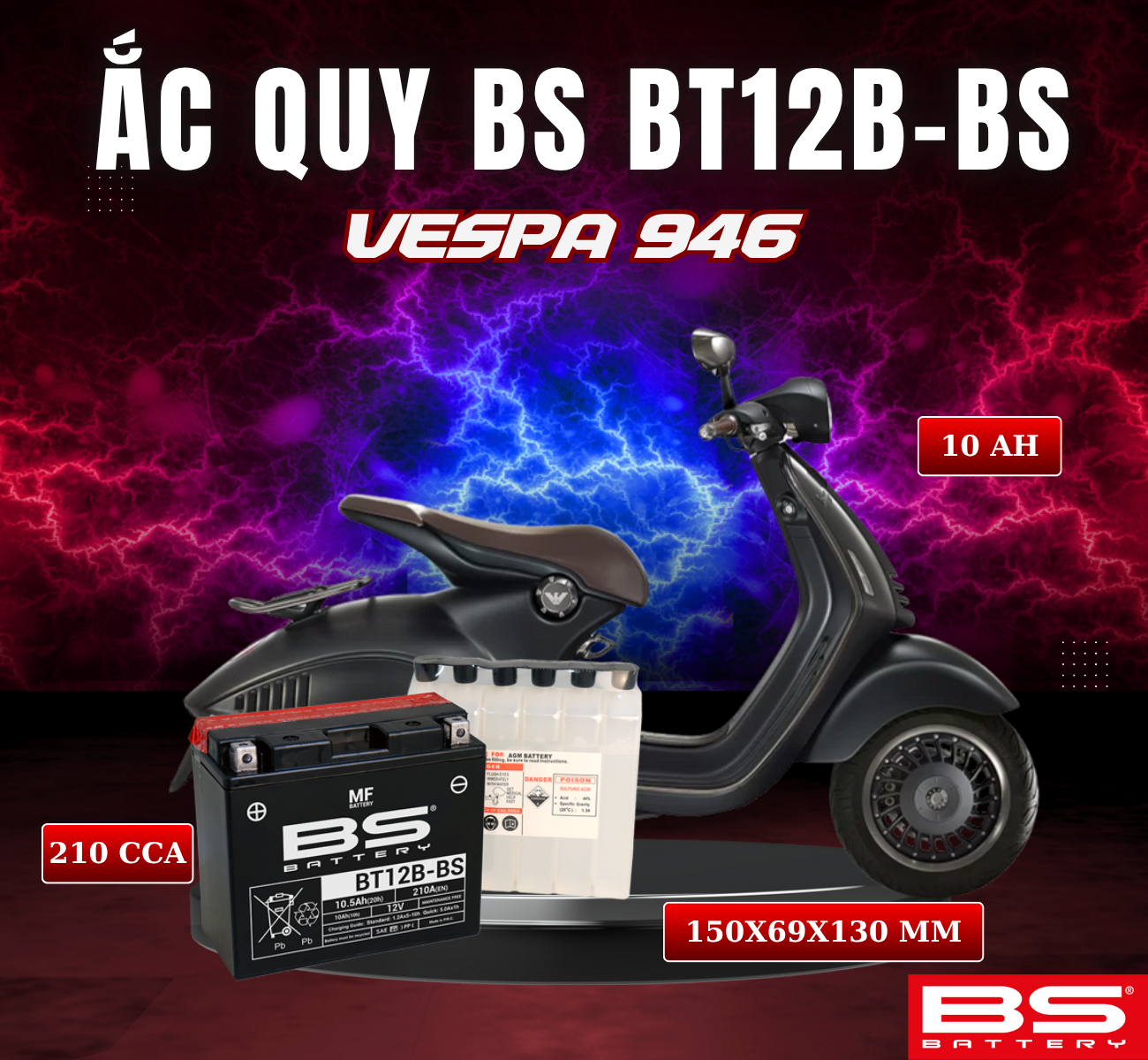 BÌNH ẮC QUY BS BT12B-BS 210CCA PIAGGIO VESPA 946 (150x69x130 mm)