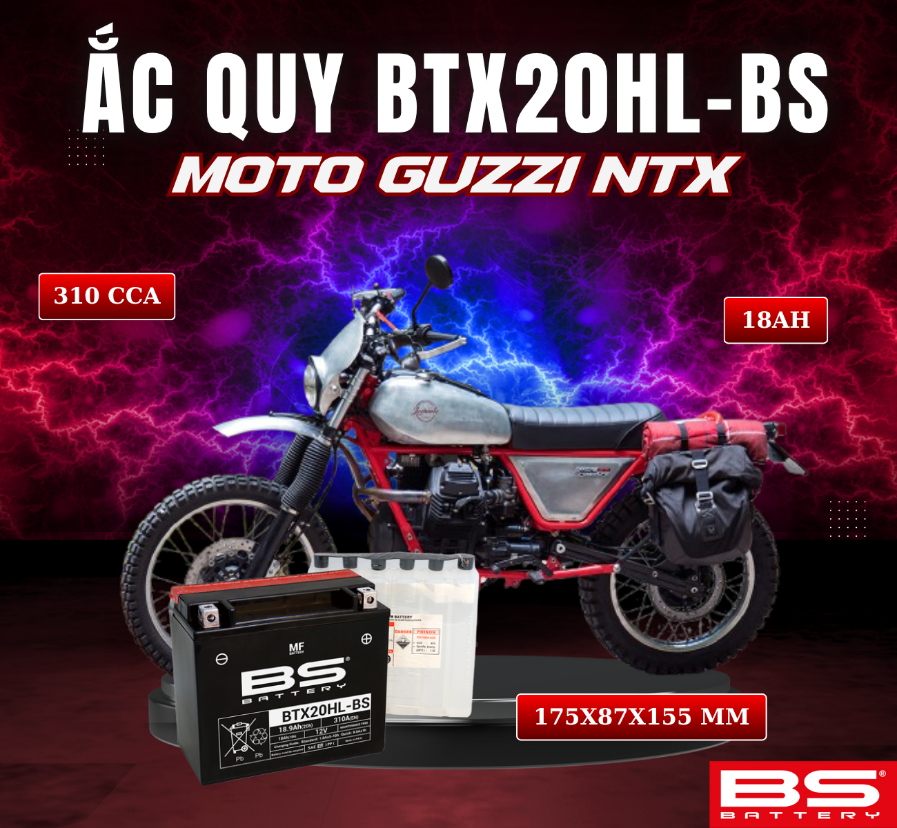BÌNH ẮC QUY BS BTX20HL-BS 310CCA MOTO GUZZI NTX (175x87x155 mm)