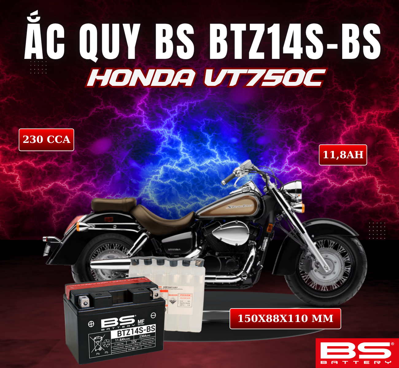 BÌNH ẮC QUY BS BTZ14S-BS 230CCA HONDA VT750C (150x88x110 mm)