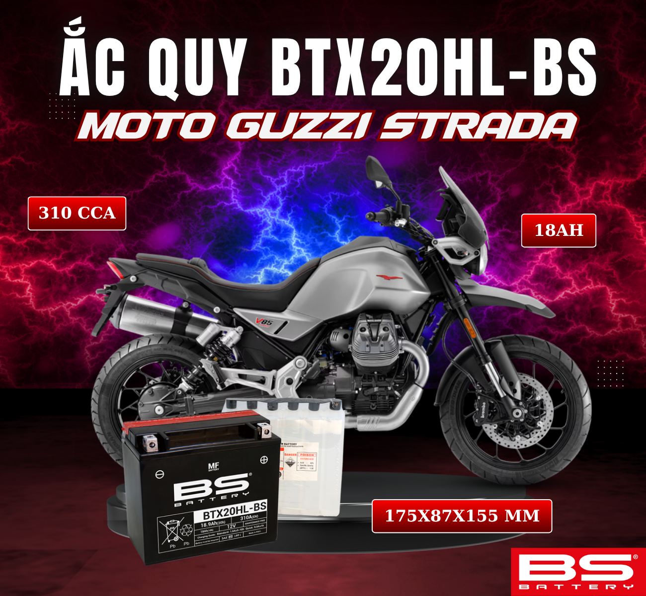 BÌNH ẮC QUY BS BTX20HL-BS 310CCA MOTO GUZZI STRADA (175x87x155 mm)