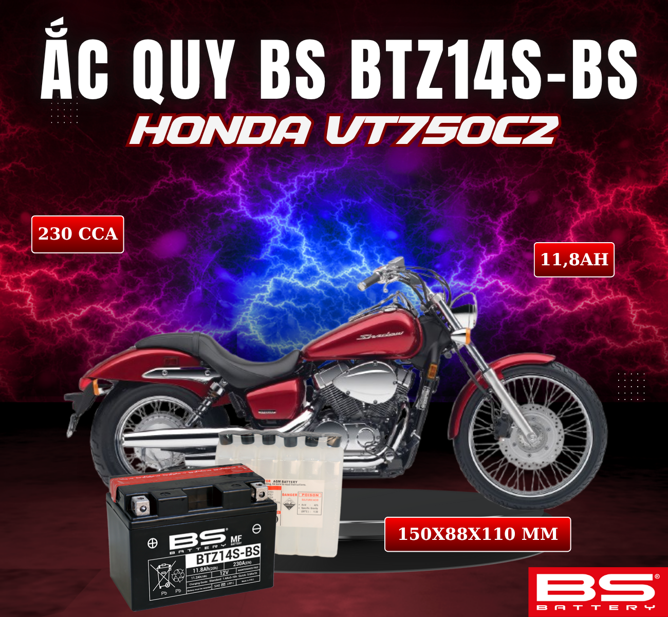 BÌNH ẮC QUY BS BTZ14S-BS 230CCA HONDA VT750C2 (150x88x110 mm)