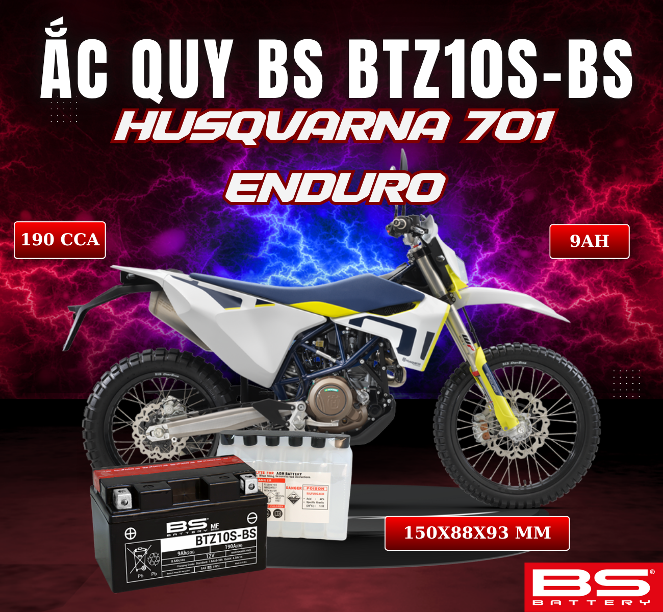 BÌNH ẮC QUY BS BATTERY BTZ10S-BS 190CCA HUSQVARNA 701 ENDURO (150 x 88 x 93 mm)