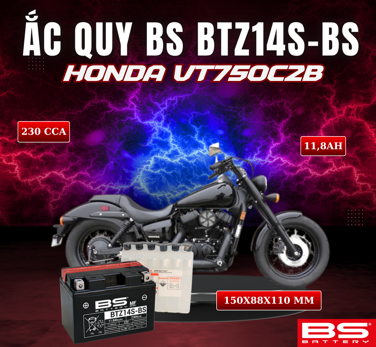 BÌNH ẮC QUY BS BTZ14S-BS 230CCA HONDA VT750C2B (150x88x110 mm)
