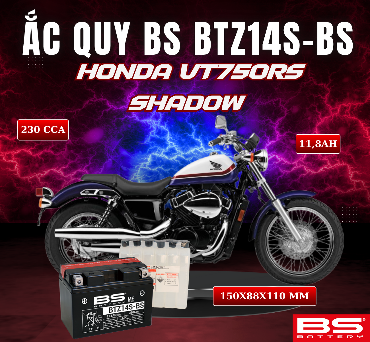 BÌNH ẮC QUY BS BTZ14S-BS 230CCA HONDA VT750RS SHADOW (150x88x110 mm)