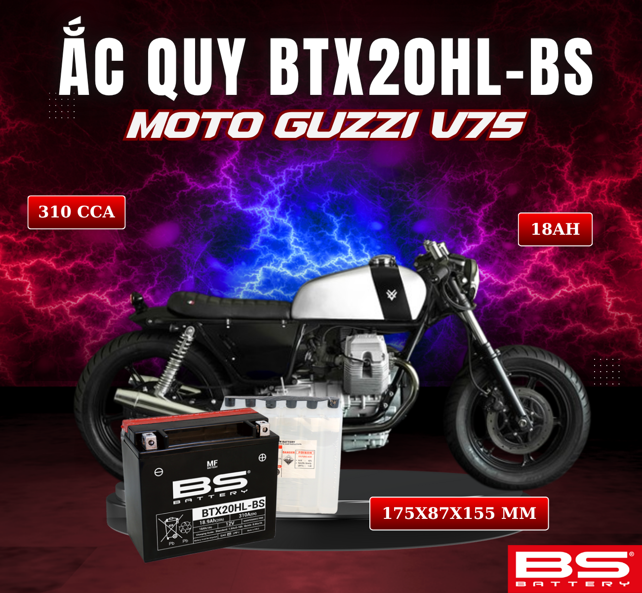 BÌNH ẮC QUY BS BTX20HL-BS 310CCA MOTO GUZZI V75 (175x87x155 mm)