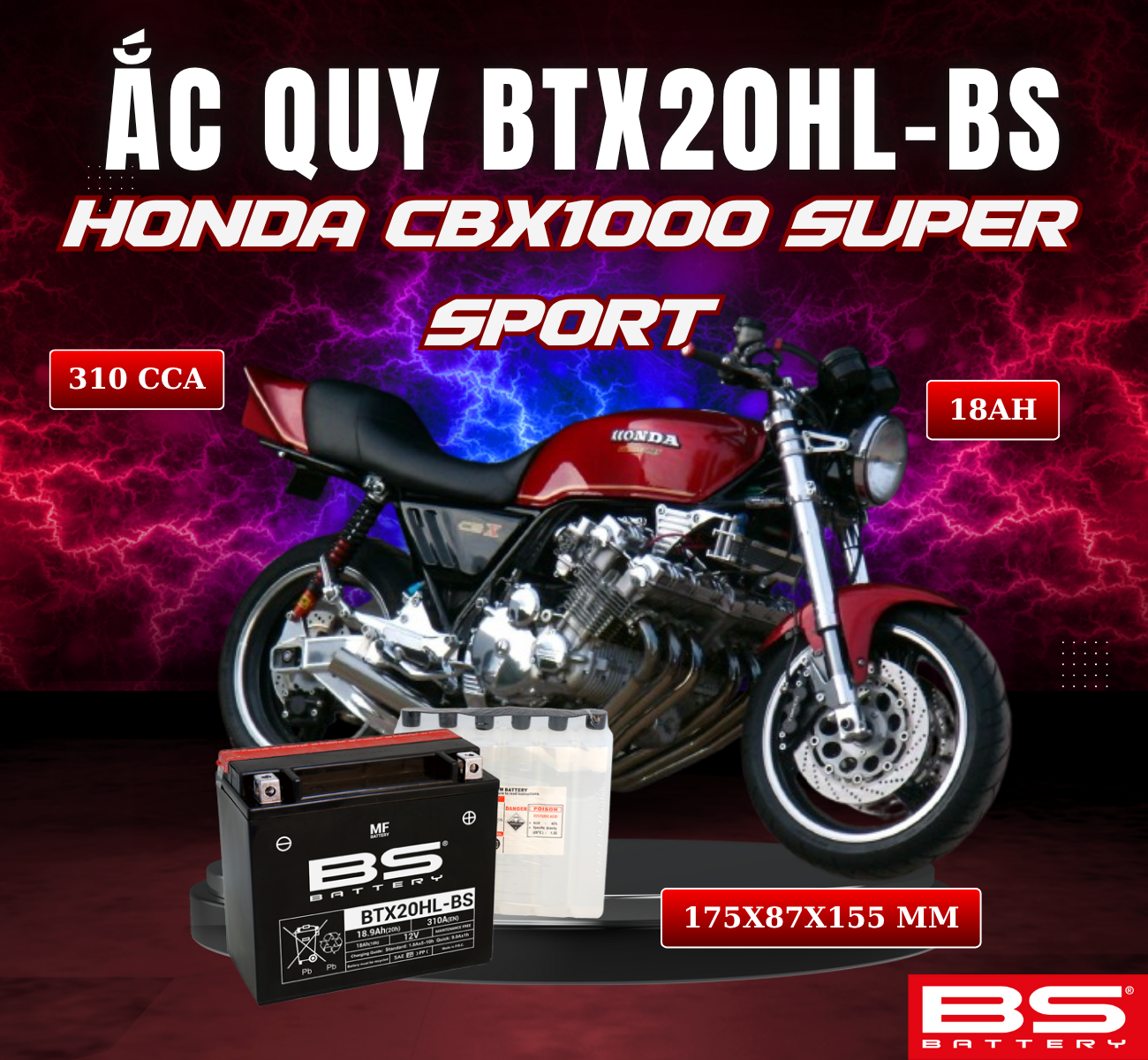 BÌNH ẮC QUY BS BTX20HL-BS 310CCA HONDA CBX1000 SUPER SPORT (175x87x155 mm)