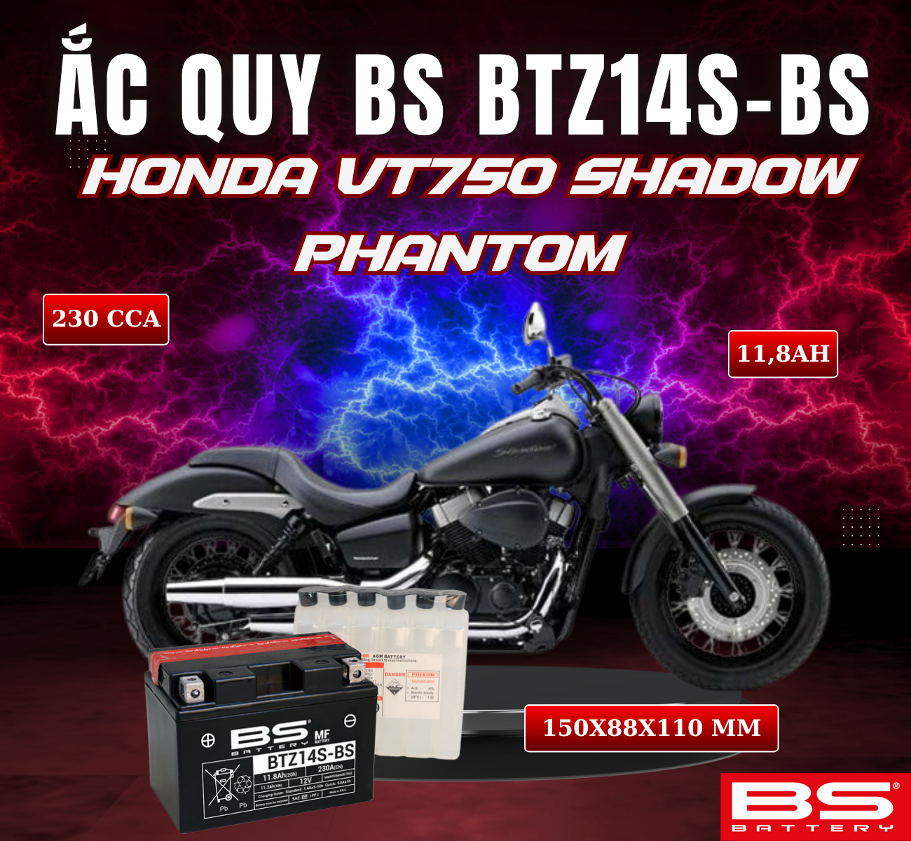 BÌNH ẮC QUY BS BTZ14S-BS 230CCA HONDA VT750 SHADOW PHANTOM (150x88x110 mm)