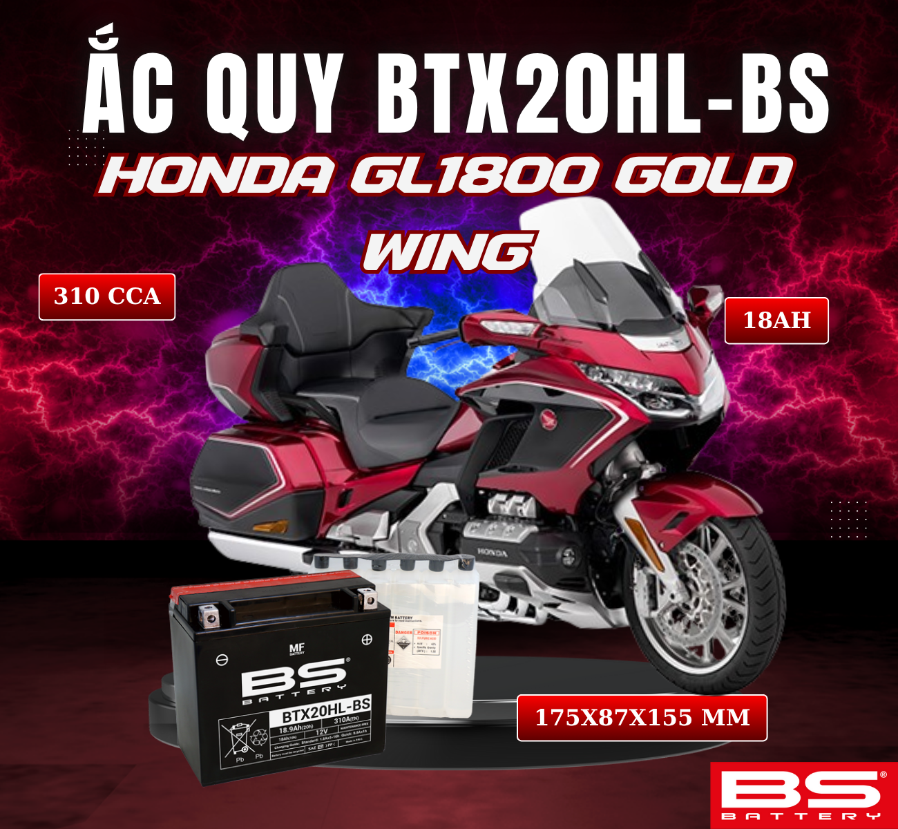 BÌNH ẮC QUY BS BTX20HL-BS 310CCA HONDA GL1800 GOLD WING (175x87x155 mm)