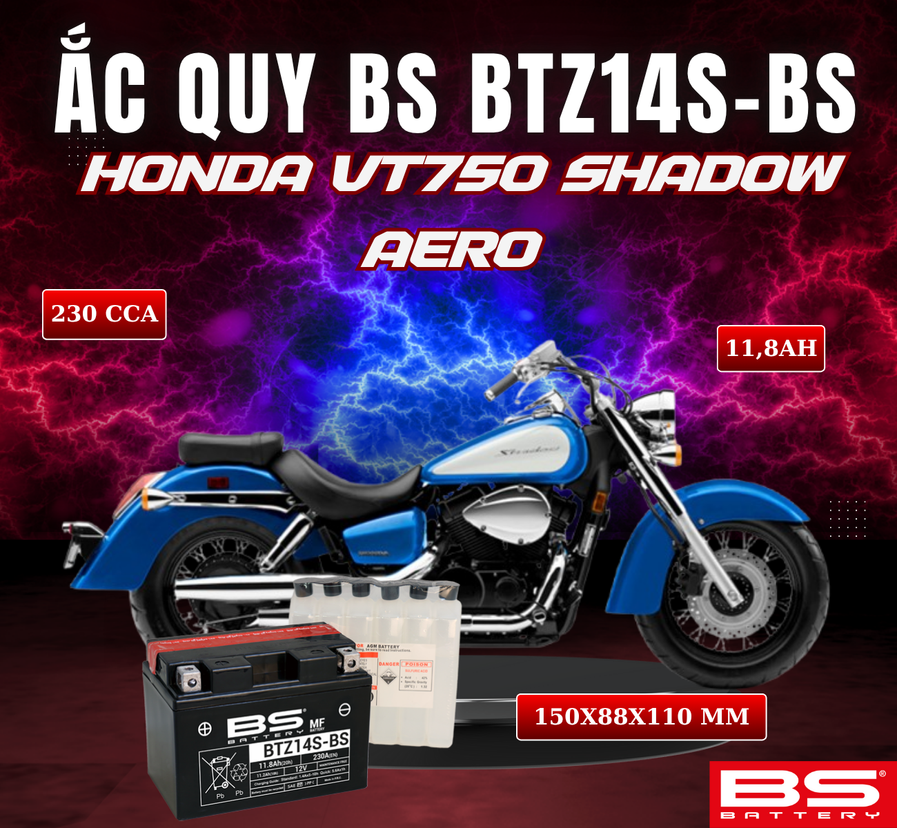 BÌNH ẮC QUY BS BTZ14S-BS 230CCA HONDA VT750 SHADOW AERO (150x88x110 mm)