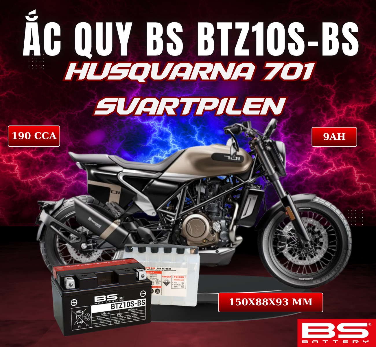 BÌNH ẮC QUY BS BATTERY BTZ10S-BS 190CCA HUSQVARNA 701 SVARTPILEN (150 x 88 x 93 mm)